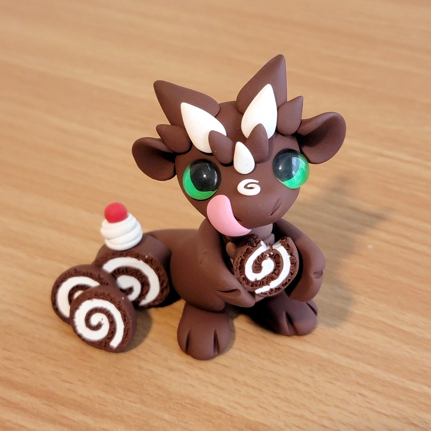 Cake Roll Dragon “Fudge”, Handmade Clay Dragon