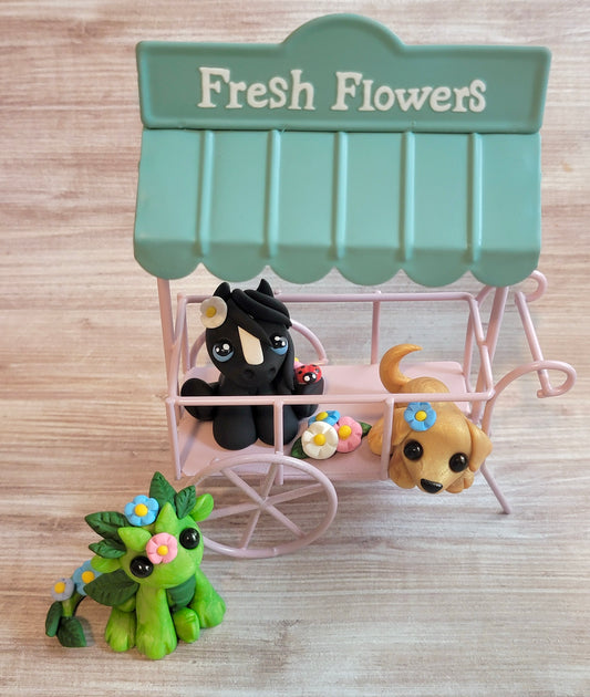 Flower Cart Critters, Handmade Clay Dragon, Dog, and Pony