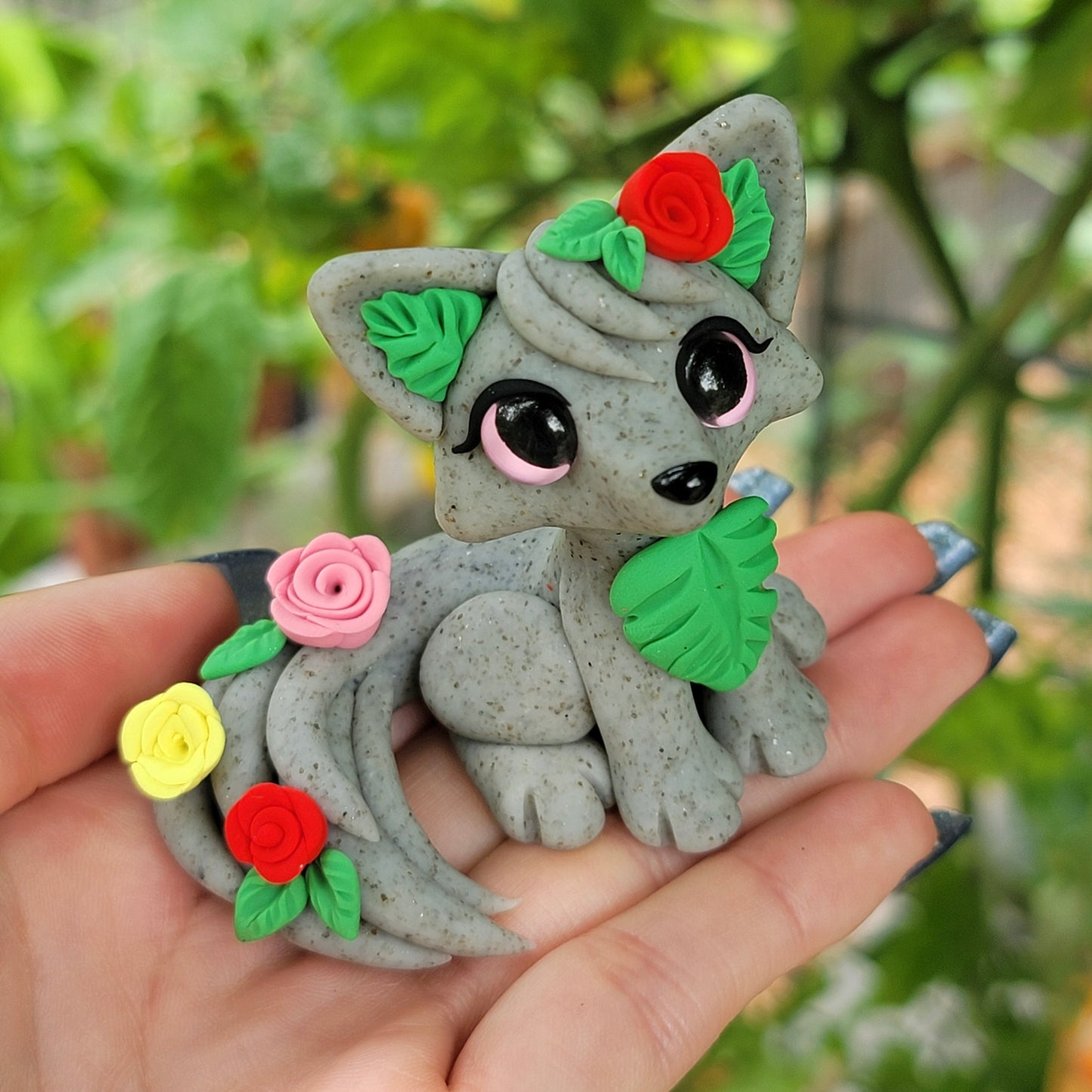 Granite Rose Fox “Clover”, Handmade Clay Fox