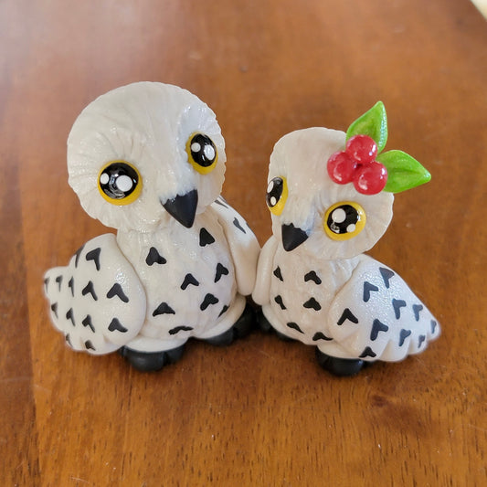 Snowy Owl Couple, Handmade Clay Owls