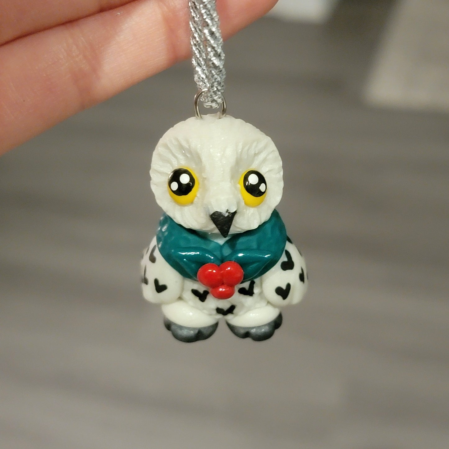 Wreath Snowy Owl Ornament, Handmade Clay Christmas Ornament