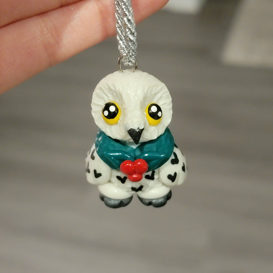 Wreath Snowy Owl Ornament, Handmade Clay Christmas Ornament