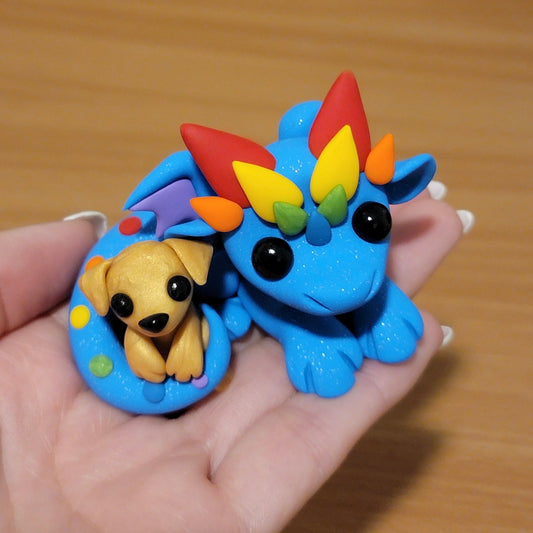 Blue Rainbow Dragon “Bones”, Handmade Clay Dragon