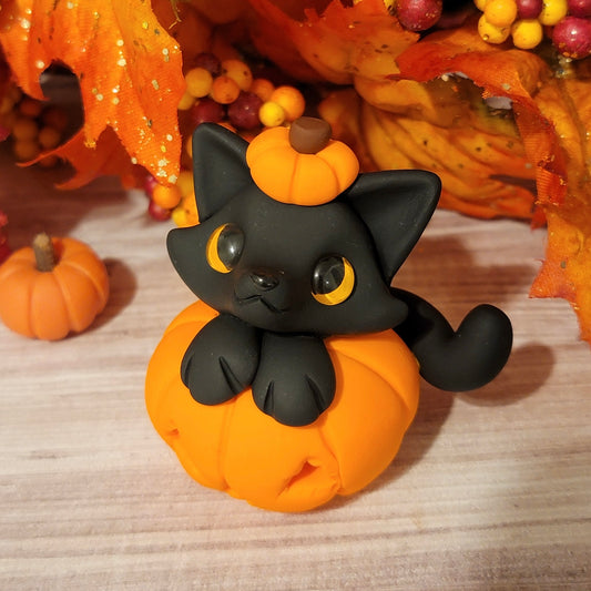 Carved Pumpkin Kitty “Midnight”, Cat Sculpture