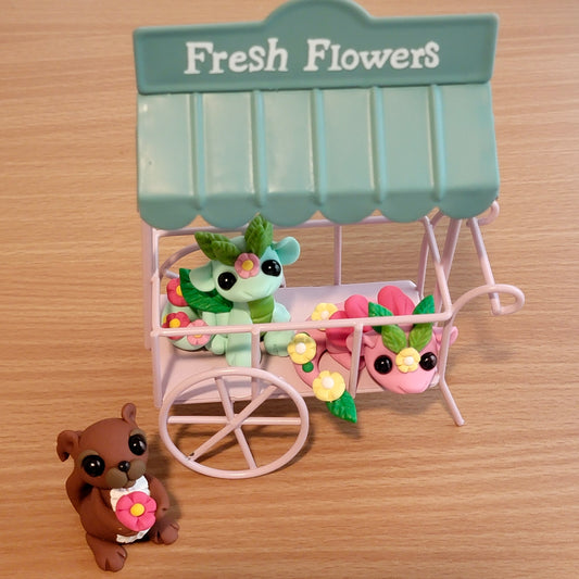 Flower Cart Critters, Handmade Clay Dragons and Squirrel