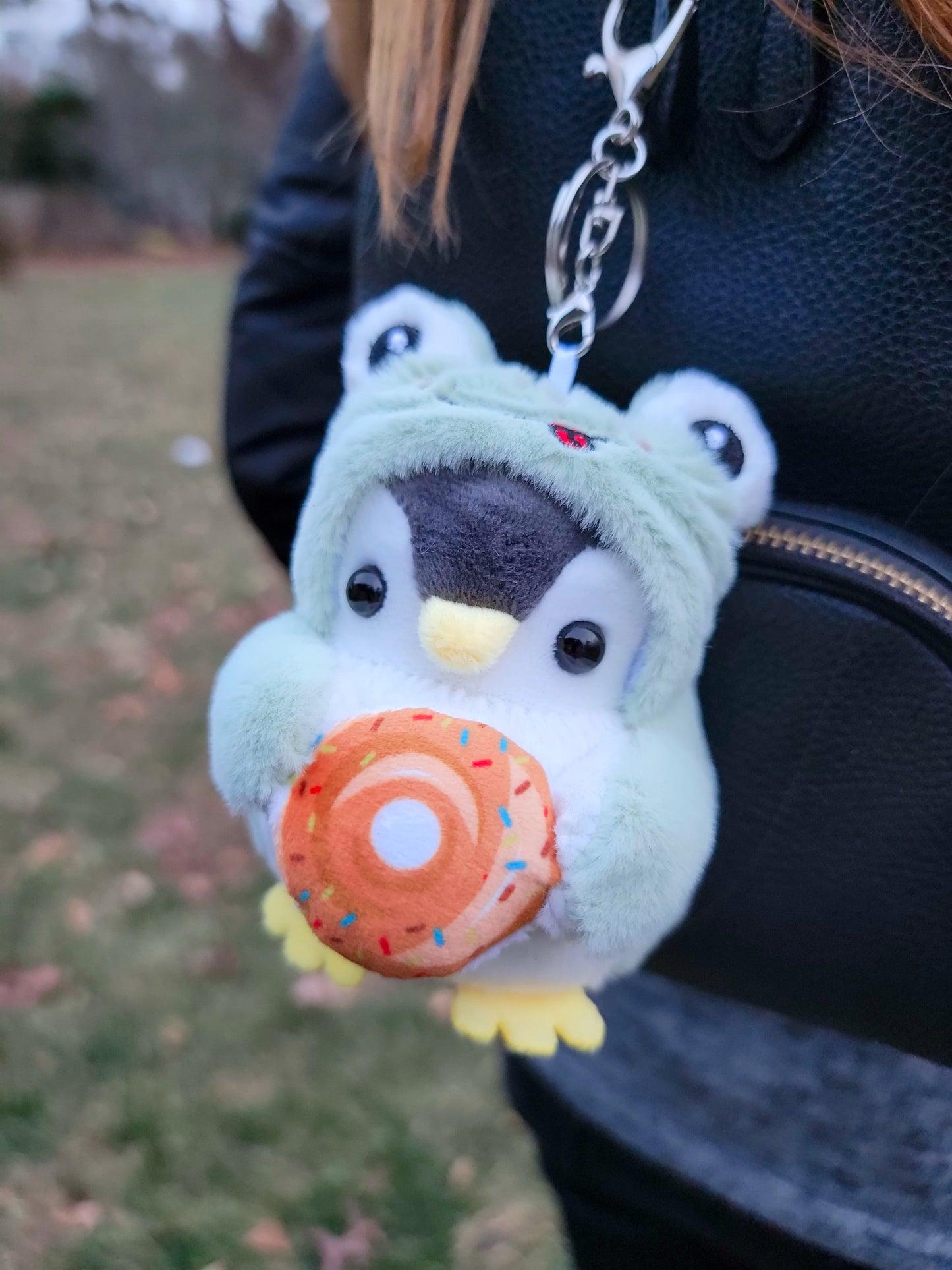 Cute Plush Penguin in Frog Costume Keychain